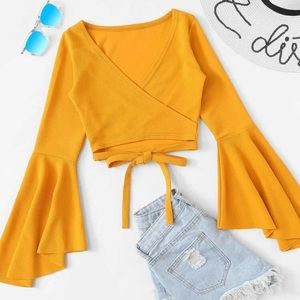 Shein, Mustard Bell Sleeve Self-Tie Croptop
